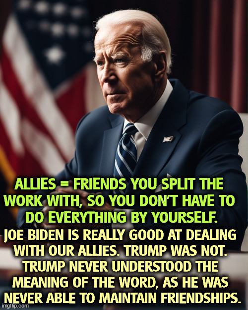 ALLIES = FRIENDS YOU SPLIT THE 
WORK WITH, SO YOU DON'T HAVE TO 
DO EVERYTHING BY YOURSELF. JOE BIDEN IS REALLY GOOD AT DEALING 
WITH OUR ALLIES. TRUMP WAS NOT. 
TRUMP NEVER UNDERSTOOD THE 
MEANING OF THE WORD, AS HE WAS 
NEVER ABLE TO MAINTAIN FRIENDSHIPS. | image tagged in allies,friends,split,work,ukraine,israel | made w/ Imgflip meme maker
