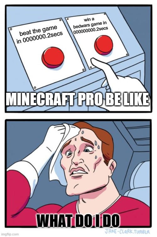 funny minecraft | win a bedwars game in 000000000.2secs; beat the game in 0000000.2secs; MINECRAFT PRO BE LIKE; WHAT DO I DO | image tagged in memes,two buttons | made w/ Imgflip meme maker