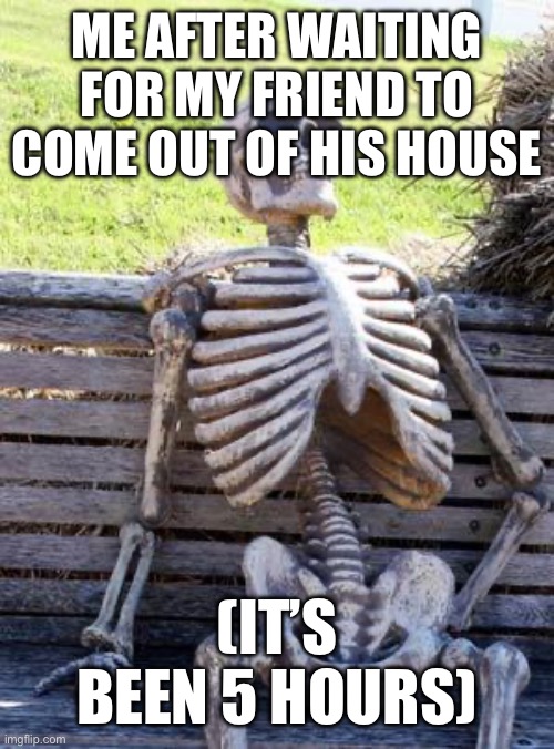 Waiting Skeleton Meme | ME AFTER WAITING FOR MY FRIEND TO COME OUT OF HIS HOUSE; (IT’S BEEN 5 HOURS) | image tagged in memes,waiting skeleton | made w/ Imgflip meme maker
