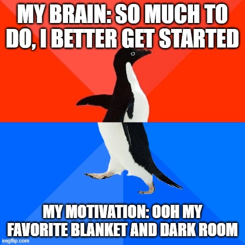 me sleepy | MY BRAIN: SO MUCH TO DO, I BETTER GET STARTED; MY MOTIVATION: OOH MY FAVORITE BLANKET AND DARK ROOM | image tagged in memes,socially awesome awkward penguin | made w/ Imgflip meme maker