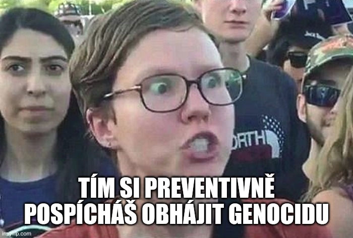 Triggered Liberal | TÍM SI PREVENTIVNĚ POSPÍCHÁŠ OBHÁJIT GENOCIDU | image tagged in triggered liberal | made w/ Imgflip meme maker