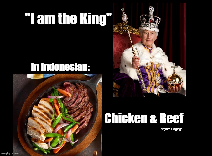 I am the King | "I am the King"; In Indonesian:; Chicken & Beef; "Ayam Daging" | image tagged in blank black,king,chicken,pun,indonesia | made w/ Imgflip meme maker