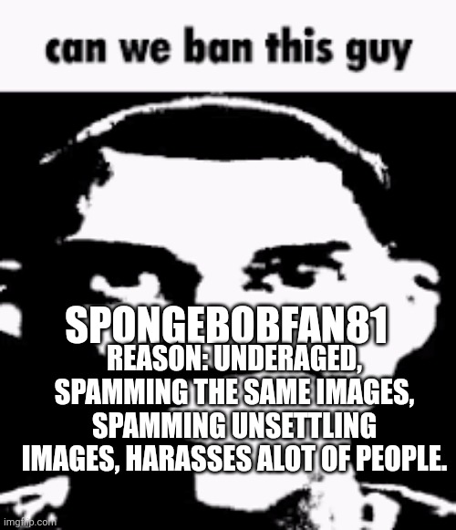 Can we ban this guy | SPONGEBOBFAN81; REASON: UNDERAGED, SPAMMING THE SAME IMAGES, SPAMMING UNSETTLING IMAGES, HARASSES ALOT OF PEOPLE. | image tagged in can we ban this guy | made w/ Imgflip meme maker