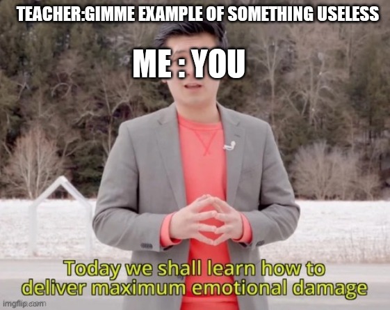 maximum emotional damage | TEACHER:GIMME EXAMPLE OF SOMETHING USELESS; ME : YOU | image tagged in maximum emotional damage | made w/ Imgflip meme maker