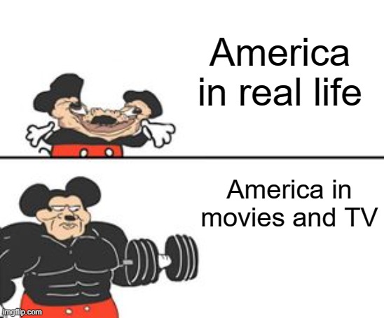Buff Mokey | America in real life; America in movies and TV | image tagged in buff mokey | made w/ Imgflip meme maker
