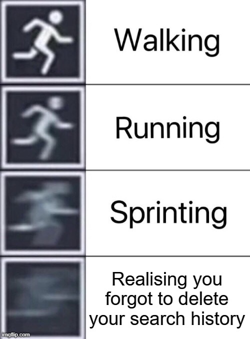 Walking, Running, Sprinting | Realising you forgot to delete your search history | image tagged in walking running sprinting | made w/ Imgflip meme maker