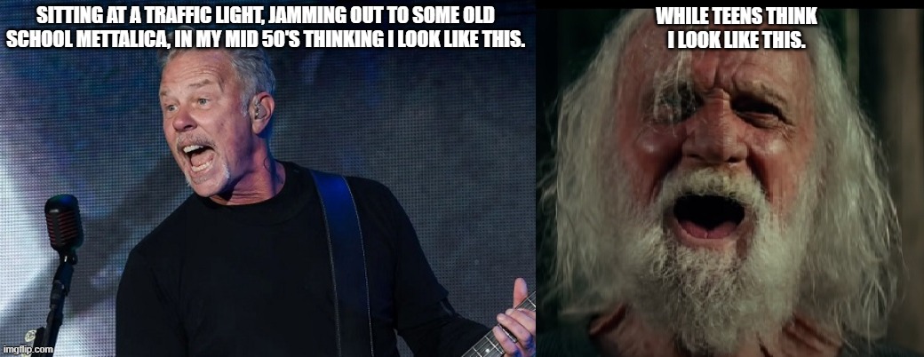 gen x metal heads vs teens today | SITTING AT A TRAFFIC LIGHT, JAMMING OUT TO SOME OLD SCHOOL METTALICA, IN MY MID 50'S THINKING I LOOK LIKE THIS. WHILE TEENS THINK
I LOOK LIKE THIS. | image tagged in metallica | made w/ Imgflip meme maker