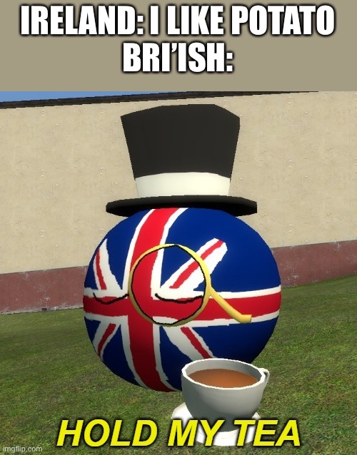 tea vs potato | IRELAND: I LIKE POTATO
BRI’ISH: | image tagged in uk hold my tea,great britain | made w/ Imgflip meme maker
