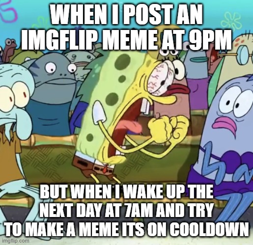 Poor me(not really) | WHEN I POST AN IMGFLIP MEME AT 9PM; BUT WHEN I WAKE UP THE NEXT DAY AT 7AM AND TRY TO MAKE A MEME ITS ON COOLDOWN | image tagged in spongebob yelling,sad,relatable | made w/ Imgflip meme maker