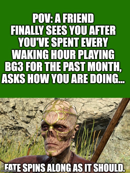 I see you're enjoying the newest Baldur's Gate... | POV: A FRIEND FINALLY SEES YOU AFTER YOU'VE SPENT EVERY WAKING HOUR PLAYING BG3 FOR THE PAST MONTH, ASKS HOW YOU ARE DOING... FATE SPINS ALONG AS IT SHOULD. | image tagged in withers and gale | made w/ Imgflip meme maker