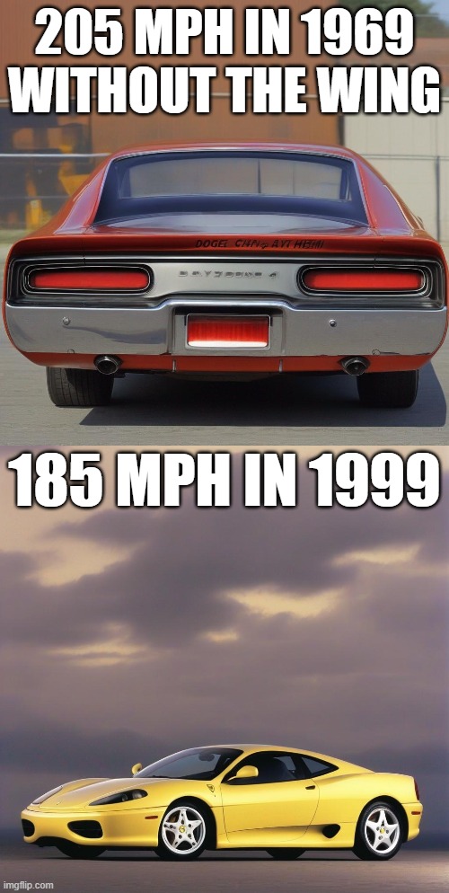 Muscle > Super | 205 MPH IN 1969 WITHOUT THE WING; 185 MPH IN 1999 | image tagged in cars,muscle cars,supercars | made w/ Imgflip meme maker