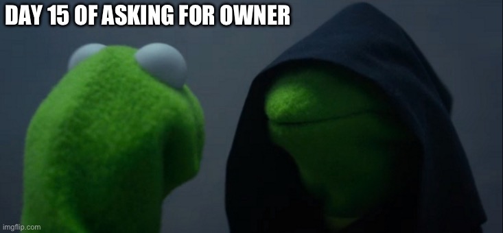 Evil Kermit | DAY 15 OF ASKING FOR OWNER | image tagged in memes,evil kermit | made w/ Imgflip meme maker