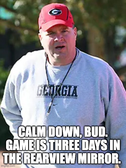 CALM DOWN, BUD. GAME IS THREE DAYS IN THE REARVIEW MIRROR. | image tagged in georgia | made w/ Imgflip meme maker