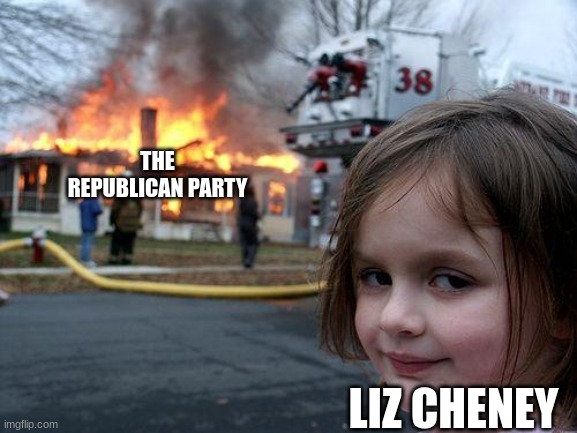 Disaster Girl | THE REPUBLICAN PARTY; LIZ CHENEY | image tagged in memes,disaster girl | made w/ Imgflip meme maker
