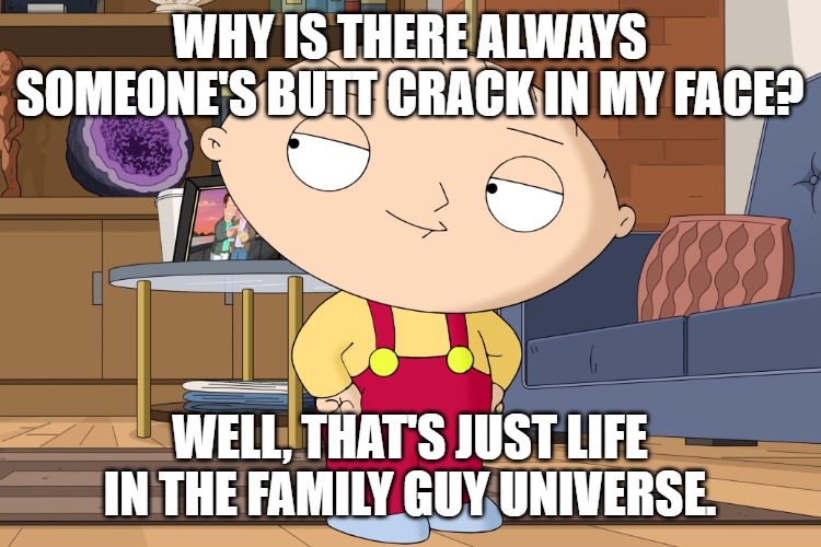 family guy | WHY IS THERE ALWAYS SOMEONE'S BUTT CRACK IN MY FACE? WELL, THAT'S JUST LIFE IN THE FAMILY GUY UNIVERSE. | image tagged in family guy | made w/ Imgflip meme maker