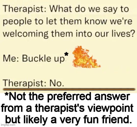 Poor word choice? | *; *Not the preferred answer 
from a therapist's viewpoint 
but likely a very fun friend. ___________________ | image tagged in dark humor,therapist,take me as i am,buckle up,caution,dumpster fire | made w/ Imgflip meme maker