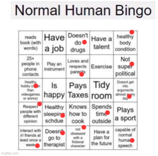 Normal human bingo | image tagged in normal human bingo | made w/ Imgflip meme maker