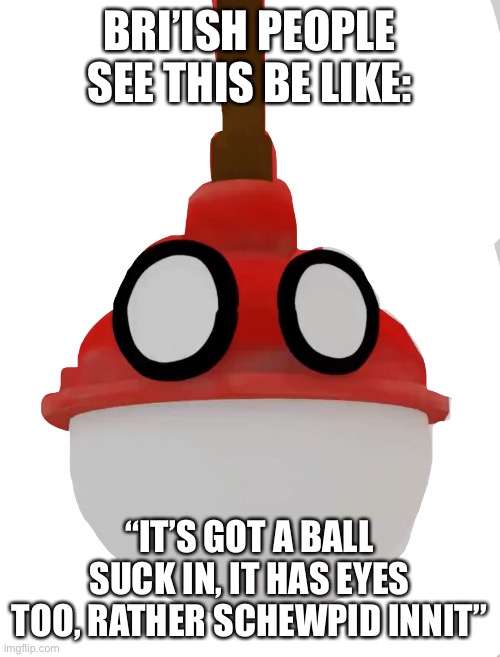 Rather schewpid, innit! | BRI’ISH PEOPLE SEE THIS BE LIKE:; “IT’S GOT A BALL SUCK IN, IT HAS EYES TOO, RATHER SCHEWPID INNIT” | image tagged in poland plunger meme,stupid | made w/ Imgflip meme maker