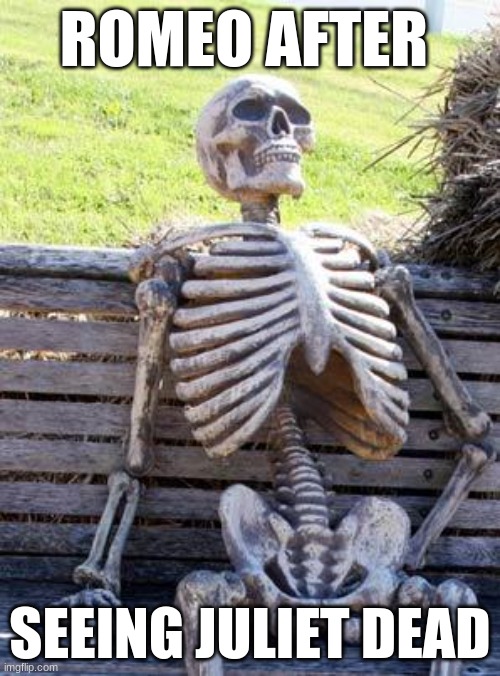 Waiting Skeleton | ROMEO AFTER; SEEING JULIET DEAD | image tagged in memes,waiting skeleton | made w/ Imgflip meme maker