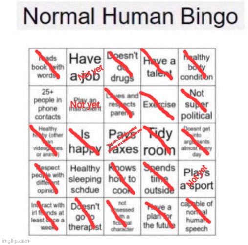 Normal human bingo | Not yet; Not yet; Not 18+, but when getting stuff like at a Walmart then yes; Not yet | image tagged in normal human bingo | made w/ Imgflip meme maker