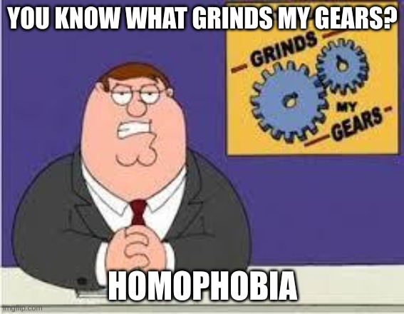 homophobia is bad | YOU KNOW WHAT GRINDS MY GEARS? HOMOPHOBIA | image tagged in you know what really grinds my gears,memes,gay | made w/ Imgflip meme maker