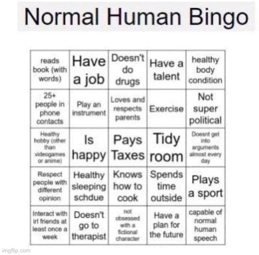 Normal human bingo | image tagged in normal human bingo,real | made w/ Imgflip meme maker