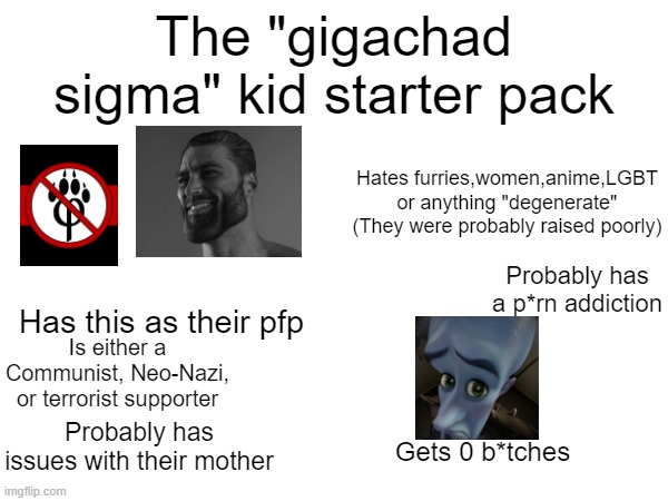 They be looking like Pablo from Beluga | The "gigachad sigma" kid starter pack; Hates furries,women,anime,LGBT or anything "degenerate" (They were probably raised poorly); Probably has a p*rn addiction; Has this as their pfp; Is either a Communist, Neo-Nazi, or terrorist supporter; Probably has issues with their mother; Gets 0 b*tches | made w/ Imgflip meme maker