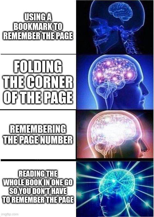 book | USING A BOOKMARK TO REMEMBER THE PAGE; FOLDING THE CORNER OF THE PAGE; REMEMBERING THE PAGE NUMBER; READING THE WHOLE BOOK IN ONE GO SO YOU DON'T HAVE TO REMEMBER THE PAGE | image tagged in memes,expanding brain | made w/ Imgflip meme maker