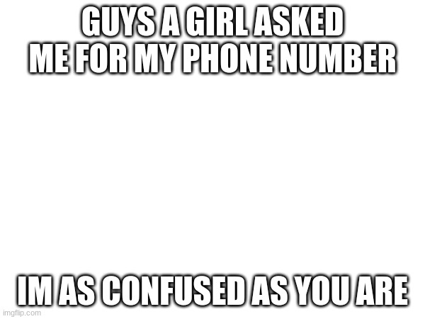 GUYS A GIRL ASKED ME FOR MY PHONE NUMBER; IM AS CONFUSED AS YOU ARE | made w/ Imgflip meme maker