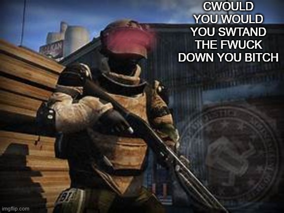 nah jit laggin | CWOULD YOU WOULD YOU SWTAND THE FWUCK DOWN YOU BITCH | image tagged in basic swat | made w/ Imgflip meme maker