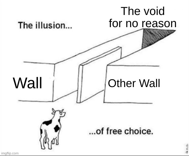 Cow has fallen out of the world | The void for no reason; Wall; Other Wall | image tagged in illusion of free choice,literal meme | made w/ Imgflip meme maker