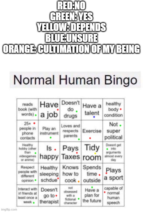 e | RED:NO
GREEN: YES
YELLOW: DEPENDS
BLUE:UNSURE
ORANGE: CULTIMATION OF MY BEING | image tagged in normal human bingo | made w/ Imgflip meme maker