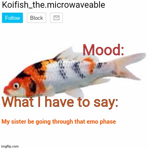 Koifish_the.microwaveable announcement | My sister be going through that emo phase | image tagged in koifish_the microwaveable announcement | made w/ Imgflip meme maker