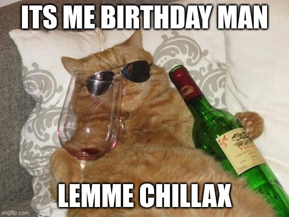 Funny Cat Birthday | ITS ME BIRTHDAY MAN; LEMME CHILLAX | image tagged in funny cat birthday | made w/ Imgflip meme maker