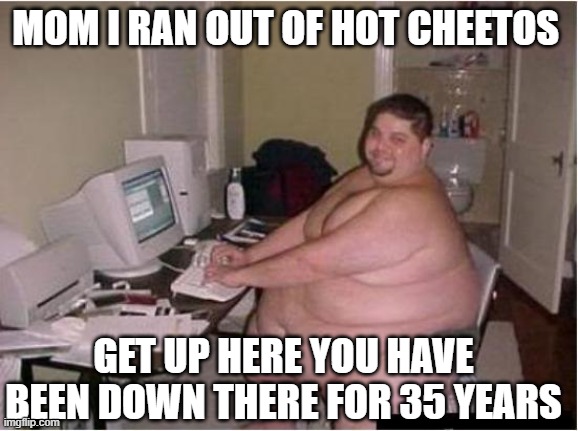 really fat guy on computer | MOM I RAN OUT OF HOT CHEETOS; GET UP HERE YOU HAVE BEEN DOWN THERE FOR 35 YEARS | image tagged in really fat guy on computer | made w/ Imgflip meme maker