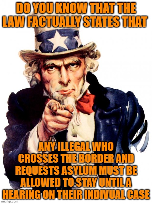 Uncle Sam Meme | DO YOU KNOW THAT THE LAW FACTUALLY STATES THAT; ANY ILLEGAL WHO CROSSES THE BORDER AND REQUESTS ASYLUM MUST BE ALLOWED TO STAY UNTIL A HEARING ON THEIR INDIVUAL CASE | image tagged in memes,uncle sam | made w/ Imgflip meme maker