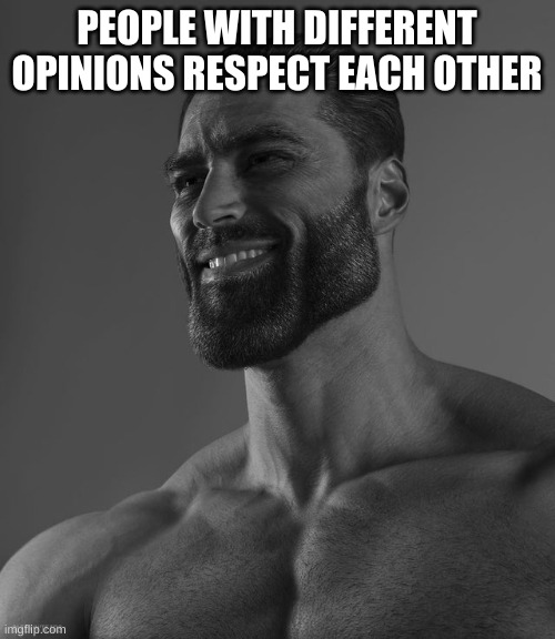 Giga Chad | PEOPLE WITH DIFFERENT OPINIONS RESPECT EACH OTHER | image tagged in giga chad | made w/ Imgflip meme maker