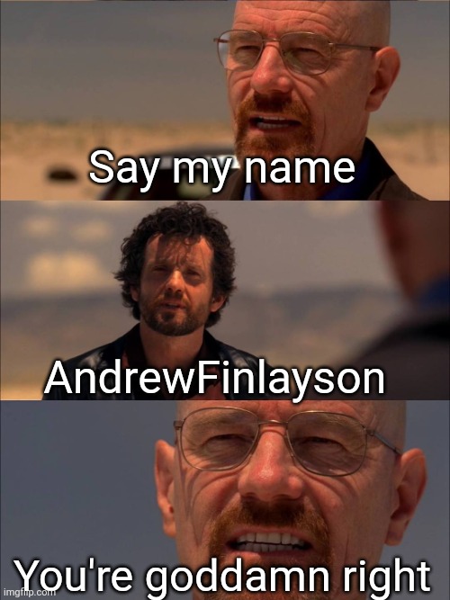 You should read this and follow this: https://imgflip.com/terms | Say my name; AndrewFinlayson; You're goddamn right | image tagged in breaking bad - say my name | made w/ Imgflip meme maker