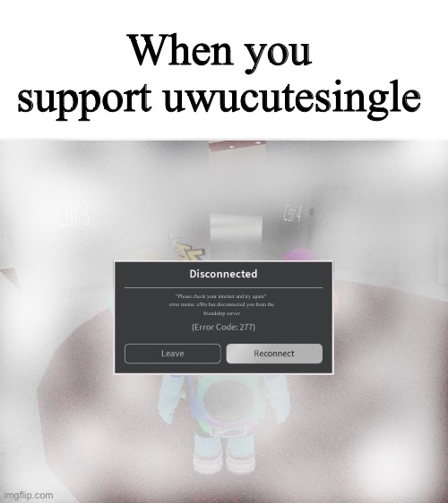 roblox uwucutesingle meme | When you support uwucutesingle; "Please check your internet and try again" 
error meme: uWu has disconnected you from the
friendship server | image tagged in roblox error code 277 meme | made w/ Imgflip meme maker