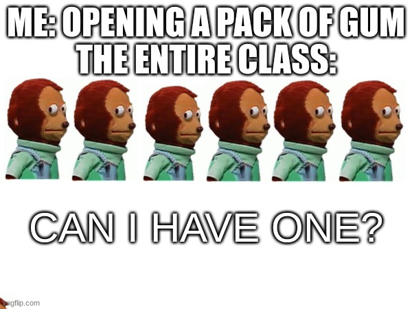 I mean... It is true. | ME: OPENING A PACK OF GUM
THE ENTIRE CLASS:; CAN I HAVE ONE? | image tagged in monkey puppet,fun | made w/ Imgflip meme maker