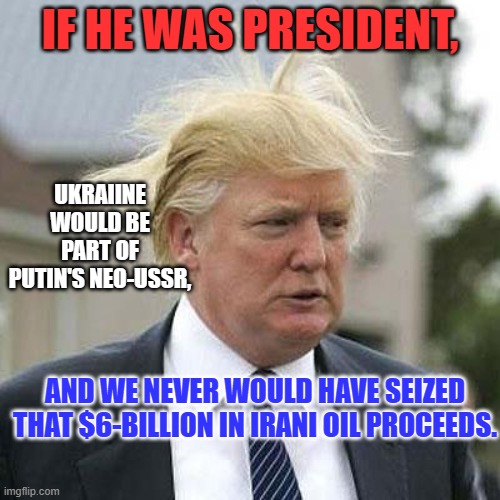 The Free World thinks America made the right choice. | IF HE WAS PRESIDENT, UKRAIINE WOULD BE PART OF PUTIN'S NEO-USSR, AND WE NEVER WOULD HAVE SEIZED THAT $6-BILLION IN IRANI OIL PROCEEDS. | image tagged in donald trump | made w/ Imgflip meme maker