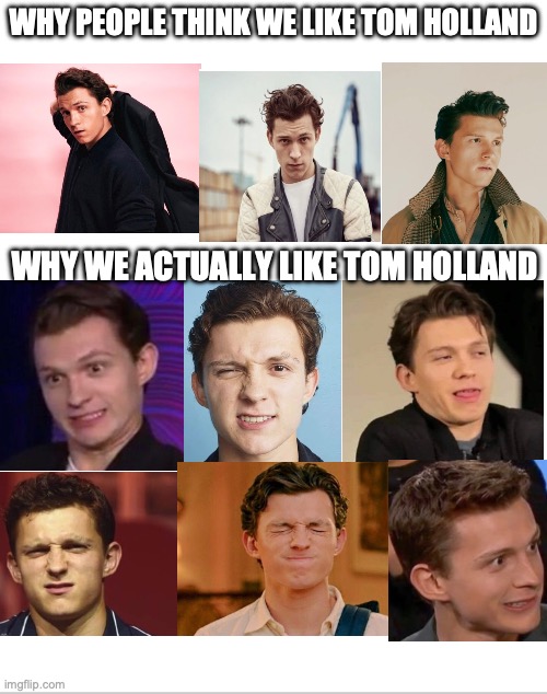 the real reason | WHY PEOPLE THINK WE LIKE TOM HOLLAND; WHY WE ACTUALLY LIKE TOM HOLLAND | image tagged in blank white template | made w/ Imgflip meme maker