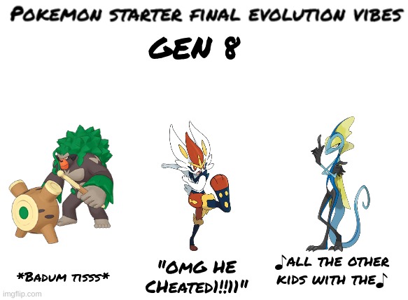 Personally i love inteleon | GEN 8; ♪all the other kids with the♪; *Badum tisss*; "OmG HE CHeated1!!11" | image tagged in ebhjbsilbvsbvkjb | made w/ Imgflip meme maker
