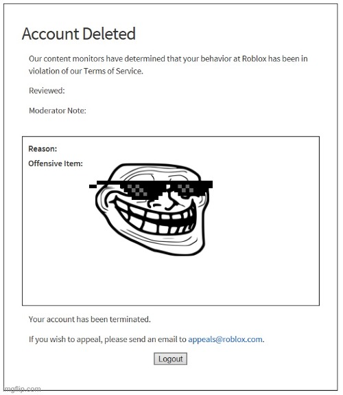 banned from ROBLOX | image tagged in banned from roblox | made w/ Imgflip meme maker