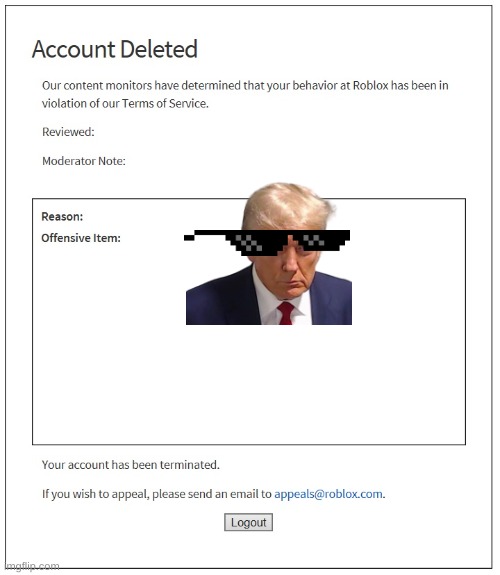 banned from ROBLOX | image tagged in banned from roblox | made w/ Imgflip meme maker
