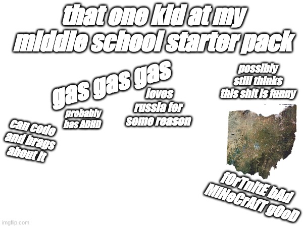 so damn annoying | that one kid at my middle school starter pack; possibly still thinks this shit is funny; gas gas gas; loves russia for some reason; probably has ADHD; can code and brags about it; fOrTnItE bAd MiNeCrAfT gOoD | image tagged in fun | made w/ Imgflip meme maker