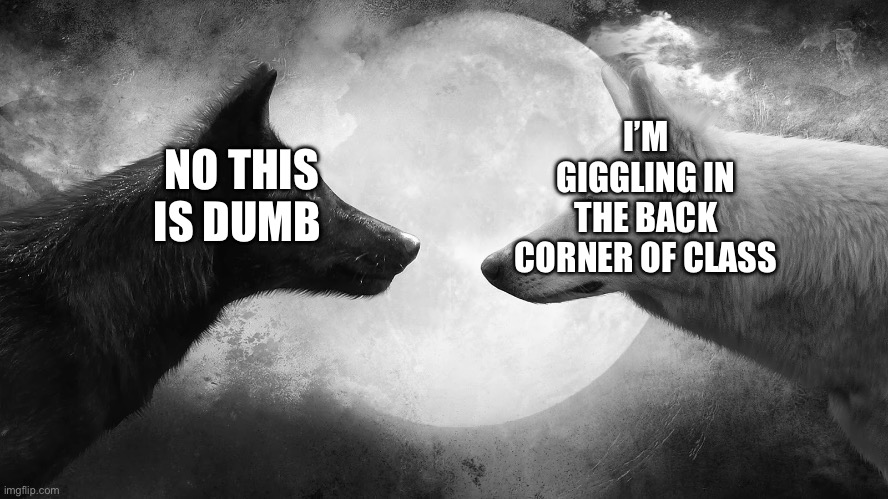 You have two wolves | NO THIS IS DUMB I’M GIGGLING IN THE BACK CORNER OF CLASS | image tagged in you have two wolves | made w/ Imgflip meme maker