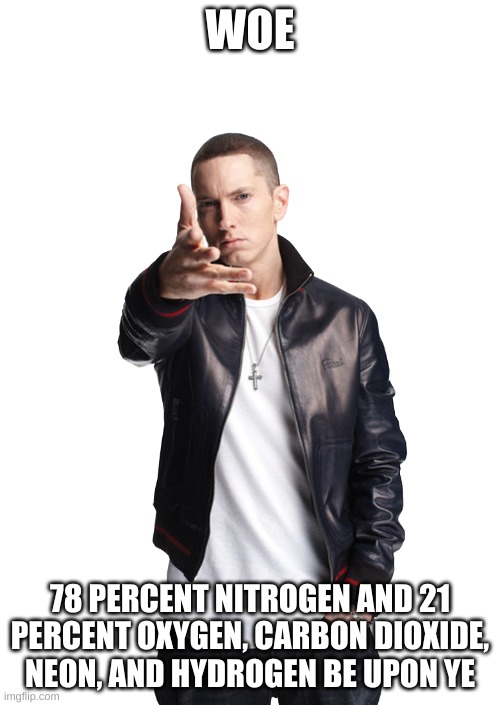 the exact definition of what air on earth is | WOE; 78 PERCENT NITROGEN AND 21 PERCENT OXYGEN, CARBON DIOXIDE, NEON, AND HYDROGEN BE UPON YE | image tagged in woe ____ be upon ye | made w/ Imgflip meme maker