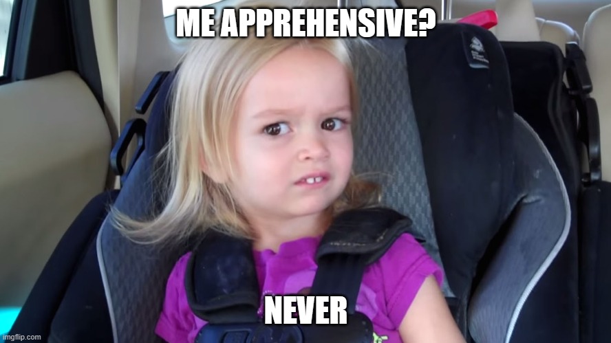 girl in car seat | ME APPREHENSIVE? NEVER | image tagged in girl in car seat | made w/ Imgflip meme maker