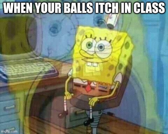 spongebob panic inside | WHEN YOUR BALLS ITCH IN CLASS | image tagged in spongebob panic inside | made w/ Imgflip meme maker